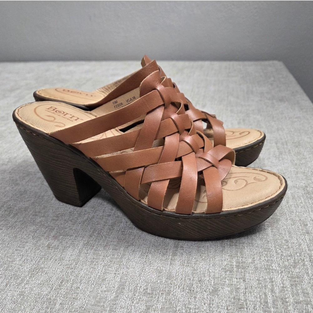 Born Womens Tan Brown Leather Woven Strappy Platform Heel Sandals F23006 10M